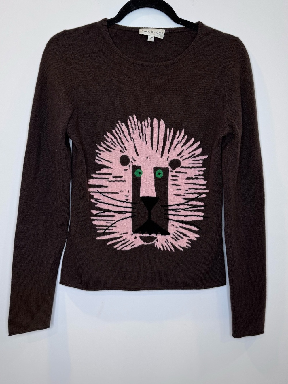 Paul & Joe Brown soft cashmere Crewneck Sweater Pink Lion quirky sz 2 statement
